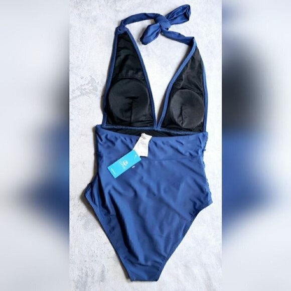 61.🆕Med Cupshe One Piece Halter Deep V Neck Swimsuit With Tummy Control Navy - Picture 3 of 5